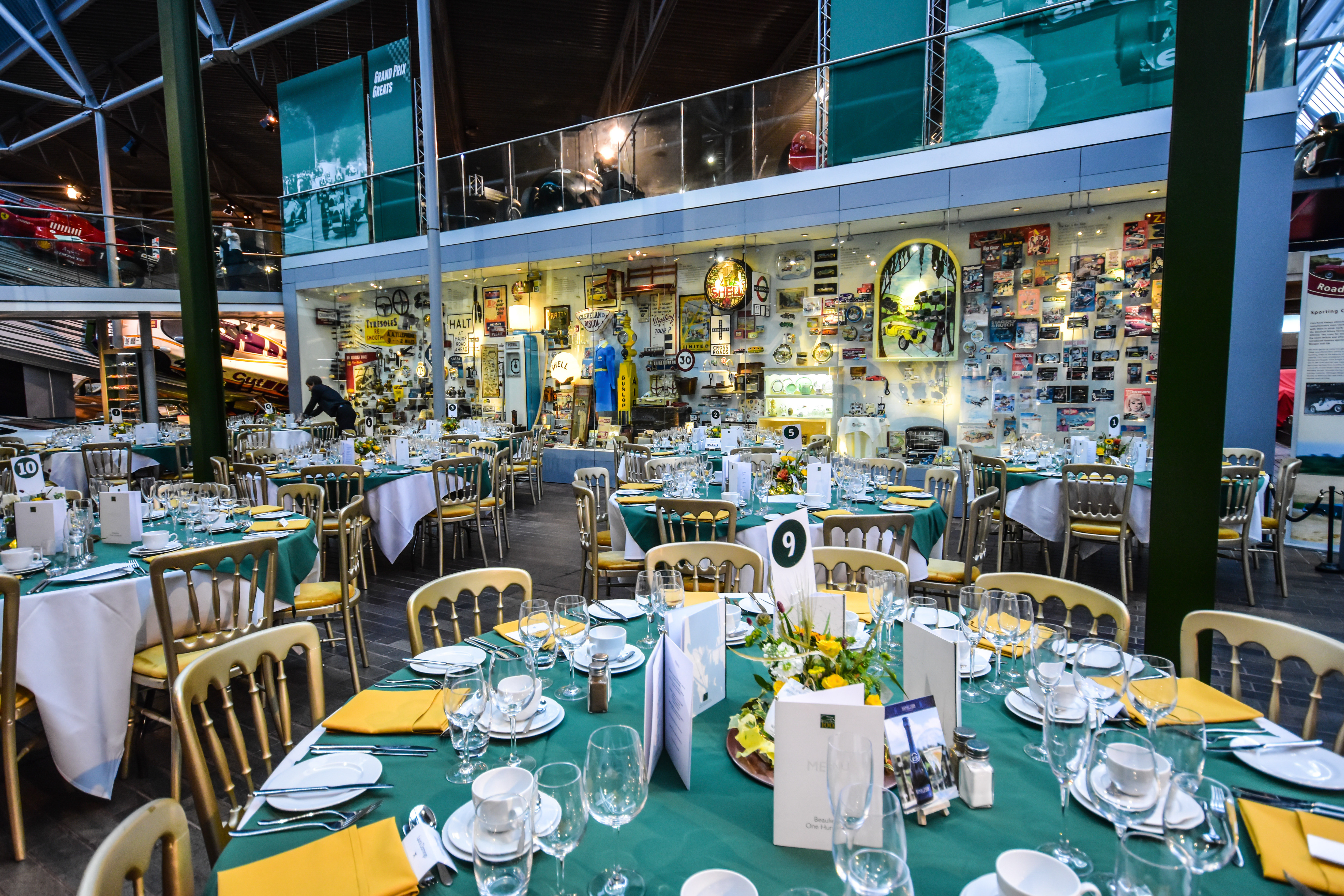Tables set for dinner in the Beaulieu Motor Museum, Hampshire 